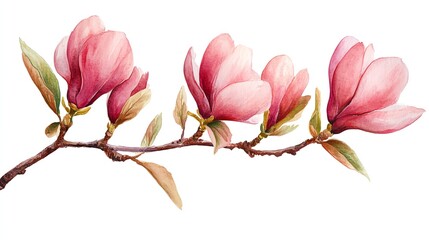 Wall Mural - watercolor illustration of a magnolia branch with three delicate pink flowers.