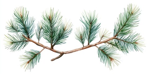 Watercolor painting of a pine branch with green needles and brown bark isolated on white background.