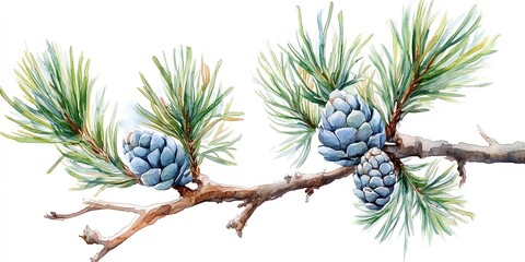 Watercolor painting of a pine branch with three pine cones.