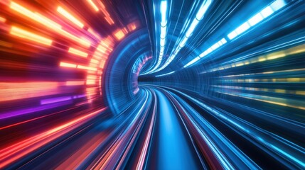 Abstract light trails in a tunnel with a futuristic feel, representing speed, movement and progress.