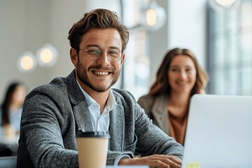 Smiling Young Businessman Collaborating with Female Colleague on Project in Office