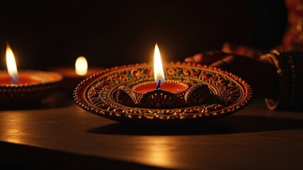 Wall Mural - A close-up of a lit diya, a traditional Indian oil lamp, with a blurred hand and other diyas in the background.