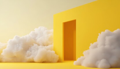 Poster - Abstract yellow background with white fluffy clouds and a yellow doorway.