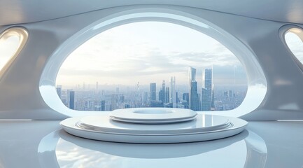 Poster - Modern futuristic white interior with large window overlooking city skyline and a round platform.