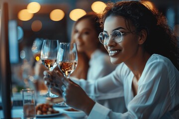 Friends celebrating at restaurant with wine toasts and food during evening party