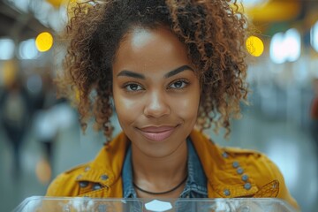 Young African American woman voting in European election with transparent ballot box