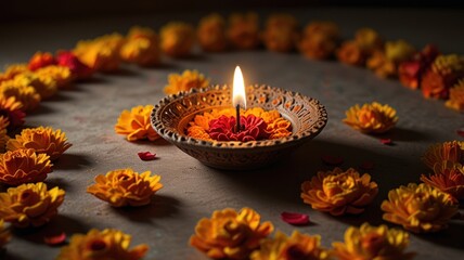 Wall Mural - A lit diya surrounded by marigold flowers, creating a festive atmosphere.