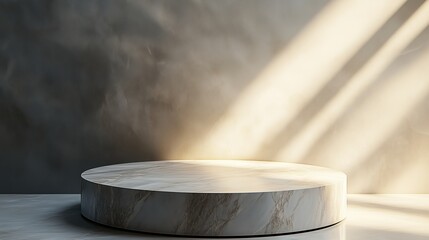 Poster - A round marble podium sits in front of a wall, bathed in the soft light from above