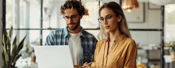 Office Workers Collaborating Over Laptop in Modern Workspace