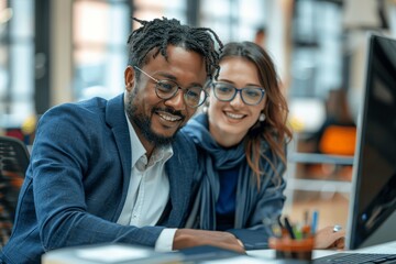 Young Business Professionals Collaborating on Computer Project in Office