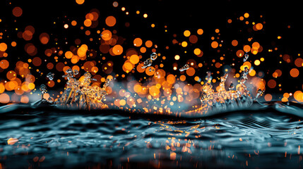 Poster - stunning close up of water splashes creating mesmerizing patterns, illuminated by vibrant bokeh lights. interplay of water and light evokes sense of tranquility and beauty