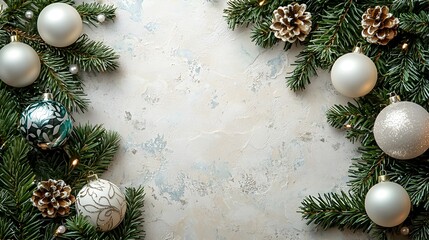 Poster - Elegant minimalist Christmas tree with simple white and silver ornaments set against a clean modern background with copy space for text or design elements