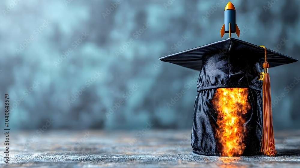 Illustration Stock Graduation cap with a rocket launching from the top ...