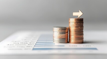 Poster - Stack of coins on top of a financial document with upward pointing arrows symbolizing profitable growth investment success and positive financial trends