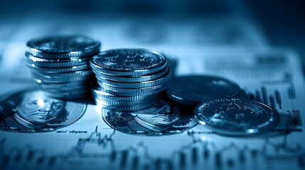 Poster - A stack of golden coins placed atop a financial document with upward pointing arrows symbolizing the concept of investment growth financial success and economic prosperity