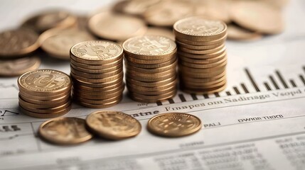 Poster - Stacked coins on top of a financial document with upward pointing arrows symbolizing financial growth investment success and prosperity