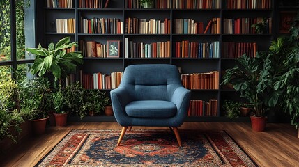 Poster - Cozy and Stylish Modern Reading Room with Minimalist Decor and Large Bookshelf Providing a Tranquil Atmosphere for Reading Relaxation and Productivity