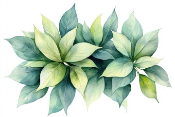 Watercolor illustration of a lush green foliage cluster with delicate leaves in shades of green.