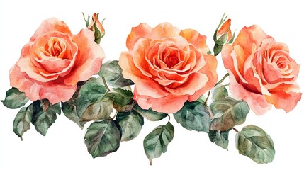 Wall Mural - watercolor painting of three peach-colored roses with green leaves and buds on white background.