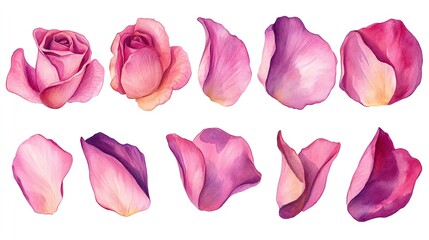 Wall Mural - watercolor painting of pink roses and petals on a white background.
