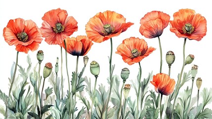 Wall Mural - watercolor painting of a field of red poppies with green leaves and buds on a white background.
