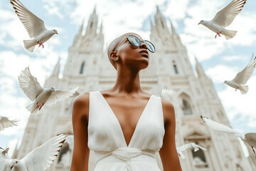 Stylish woman with shaved hair, wearing a white dress and sunglasses, standing in duomo square with pigeons flying around her