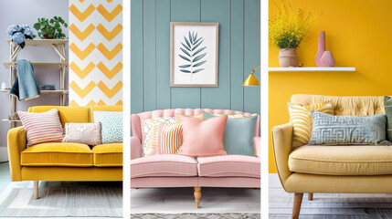 Bright and inviting, this collage features soft pink and yellow sofas against vibrant walls, showcasing modern interior design trends. Perfect for adding cheerful touch to any living space