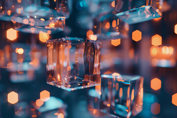 Poster - abstract background 3d wallpaper with floating glass cubes with glowing edges.