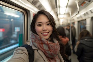 Young woman is taking a selfie while riding a subway train