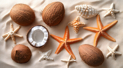 Summer accessories with starfishes and coconuts on a sandy and see background.