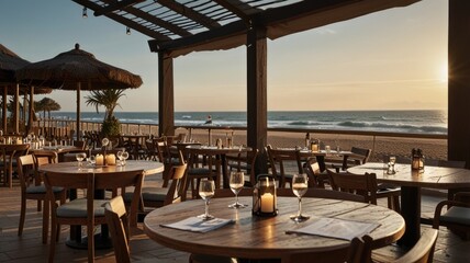 Outdoor restaurant terrace with a beach view background