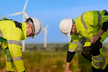 two engineers in high visibility jackets and helmets are inspecting a wind farm. one is holding a mo