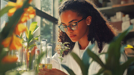 Poster - A woman in a lab coat is looking at a plant. She is wearing glasses and has her hair pulled back