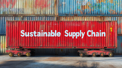 Poster - A red container with the words sustainable supply chain written on it. The container is parked in front of a building