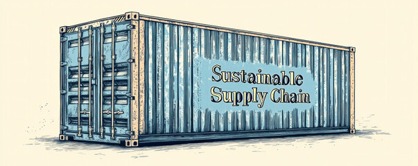 Poster - A blue container with the words Sustainable Supply Chain written on it. The container is large and has a wooden appearance