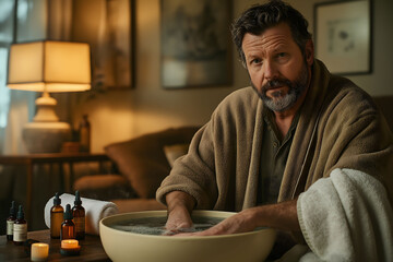 Man is soaking his feet in a bowl of warm water as part of a relaxing evening home spa treatment