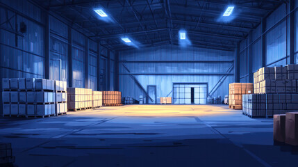 Poster - A warehouse with a lot of boxes and a yellow light. Scene is somewhat bleak and industrial