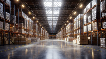 Poster - A large warehouse with many boxes stacked on shelves. The boxes are mostly clear plastic and are organized in rows. The warehouse is very large and has a lot of empty space