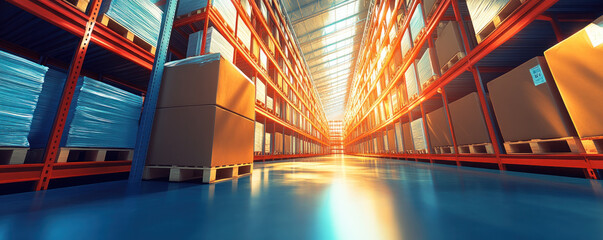 Poster - A warehouse with a lot of boxes and pallets. The boxes are stacked on top of each other and the pallets are on the floor. The warehouse is very large and has a lot of space