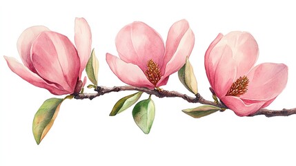 Wall Mural - watercolor painting of a magnolia branch with three pink flowers and green leaves.