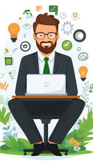 Poster - A man is sitting at a desk with a laptop and a green tie. He is smiling and he is working on something. The image is a cartoon of a man working on a laptop, with various icons