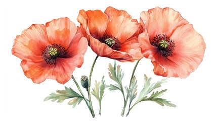 Wall Mural - watercolor painting of three red poppy flowers with green leaves and buds on a white background.