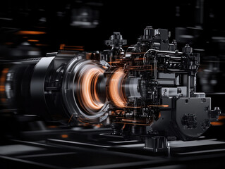 Poster - A close up of a machine with a black background. The machine is made up of many parts, including a large gear. The image has a futuristic and mechanical feel to it