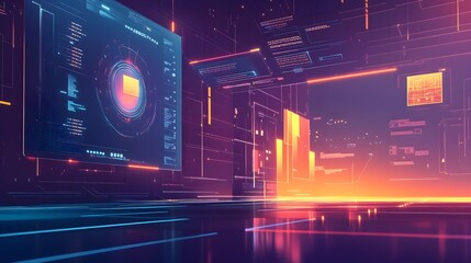 Poster - Futuristic Digital Interface with Neon Lights and Holographic Screens