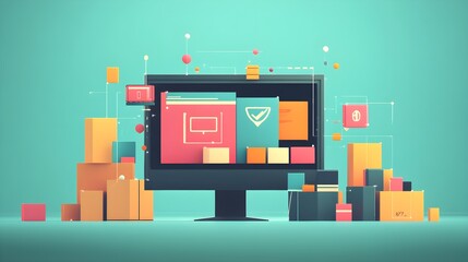 Poster - Modern Computer Monitor with Geometric Shapes and Lines