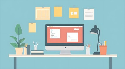 Poster - Modern Workspace with Computer  Desk Lamp and Plant