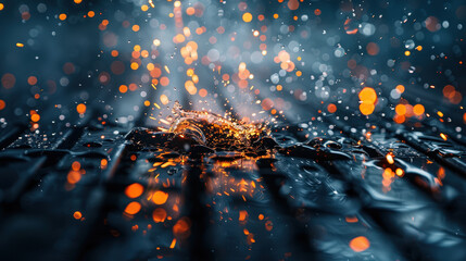 Poster - mesmerizing display of water droplets splashing against dark surface, illuminated by vibrant orange and blue bokeh lights, creating captivating atmosphere