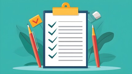 Poster - Checklist with Pen and Pencil on Green Background
