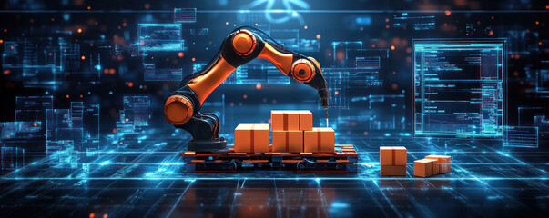 Poster - A robot is working on a conveyor belt with boxes. The robot is orange and has a mechanical arm. The boxes are stacked on the conveyor belt and the robot is picking them up