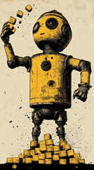 Poster - A robot is holding a cube in its hand. The robot is yellow and has a creepy face. The robot is standing on a pile of blocks